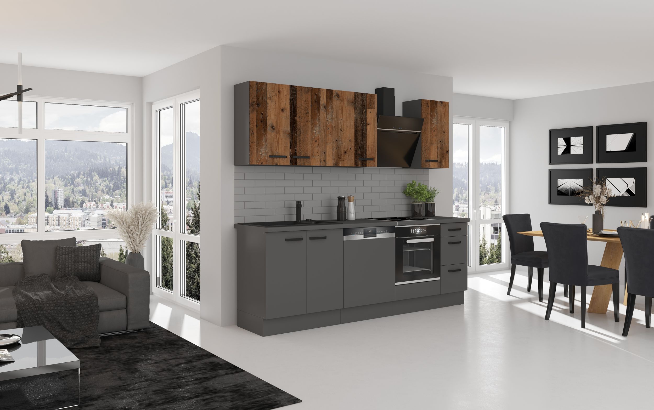 Küche NESSA + OLD STYLE Basic 240 cm Old Wood Optik Küchenzeile Küchenblock