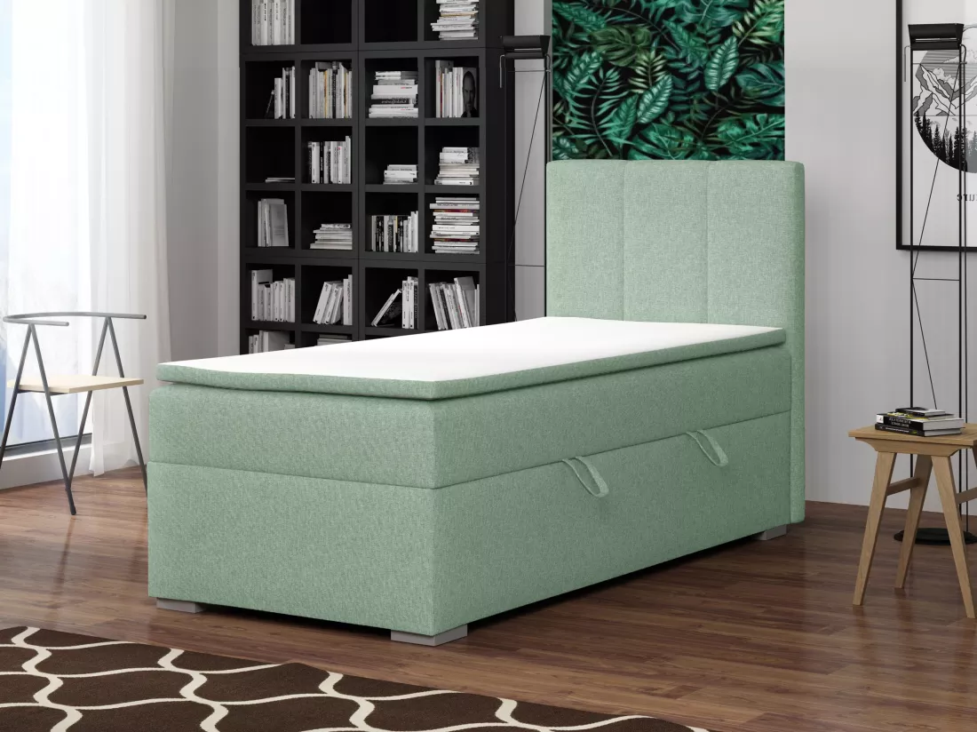 LIT SIMPLE avec tiroir de rangement et surmatelas, côté droit Monaco Mini 90x200 cm, Lux 29 (Vert pâle)