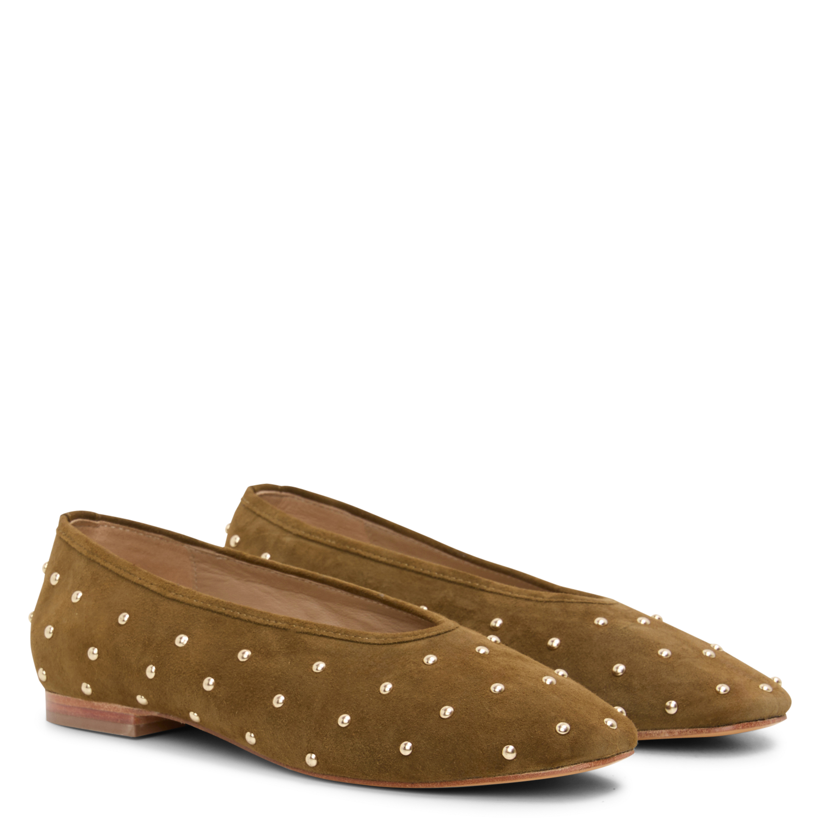 CORALIE - Ballerines à clous en cuir velours | Kaki