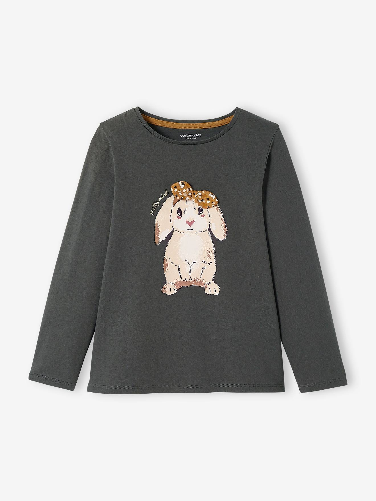 Camiseta com coelho e laço elegante, camiseta lisa cinza-escura infantil com estampas.