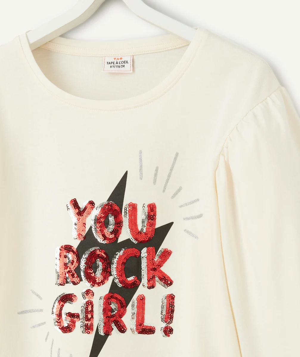 T-SHIRT FILLE EN COTON BIO ÉCRU AVEC MESSAGE ROCK EN SEQUINS