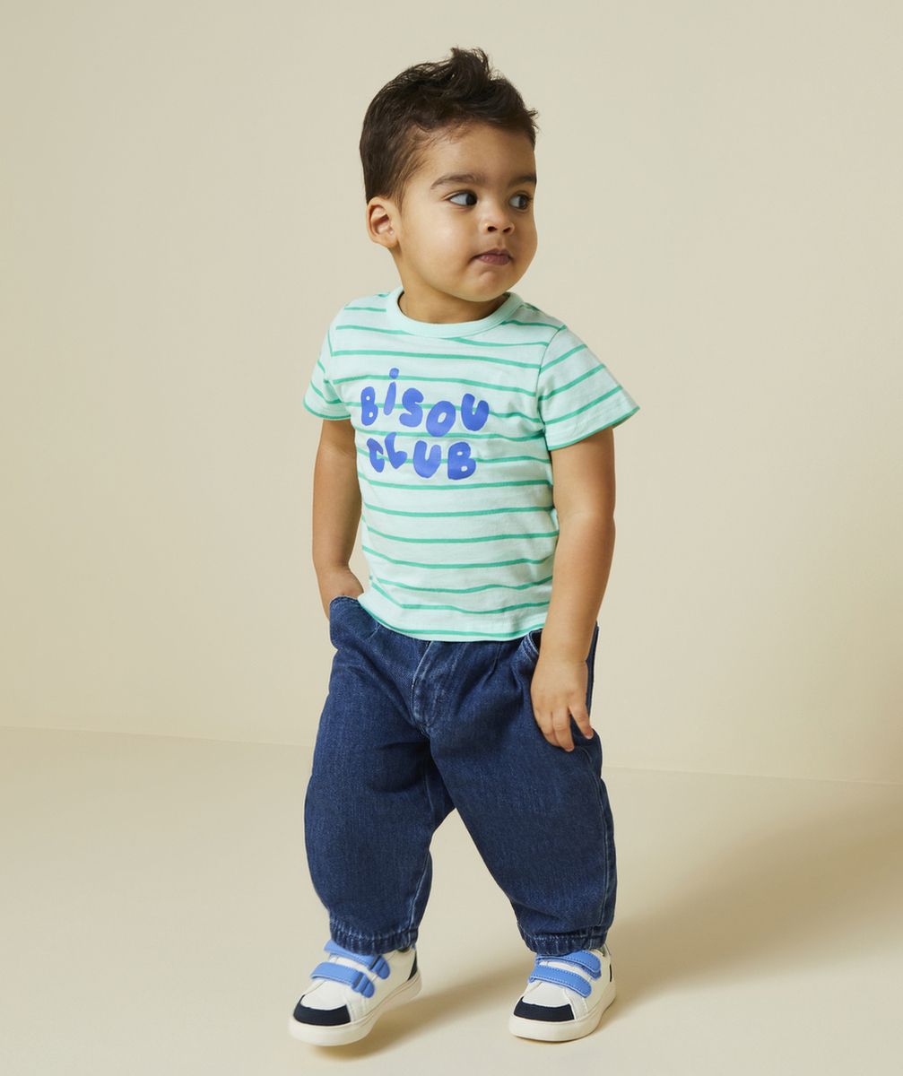 t-shirt bébé garçon en coton bio vert à rayures thème bisous