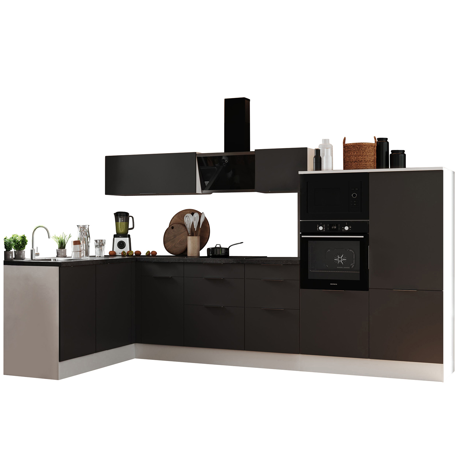 RESPEKTA Winkelküche - grau matt - weiß matt - mit E-Geräten - 340 cm