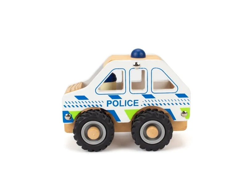 Politibil i træ m. gummihjul/ Wooden police car w. rubber wheels