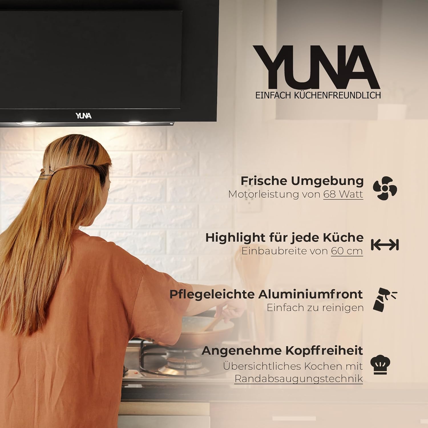 YUNA Dunstabzugshaube SIVA 1360Y 60cm matt schwarz Glasfront 3 Stufen Kopffreihaube Abzugshaube Wandhaube LED Beleuchtung Abluft Umluft