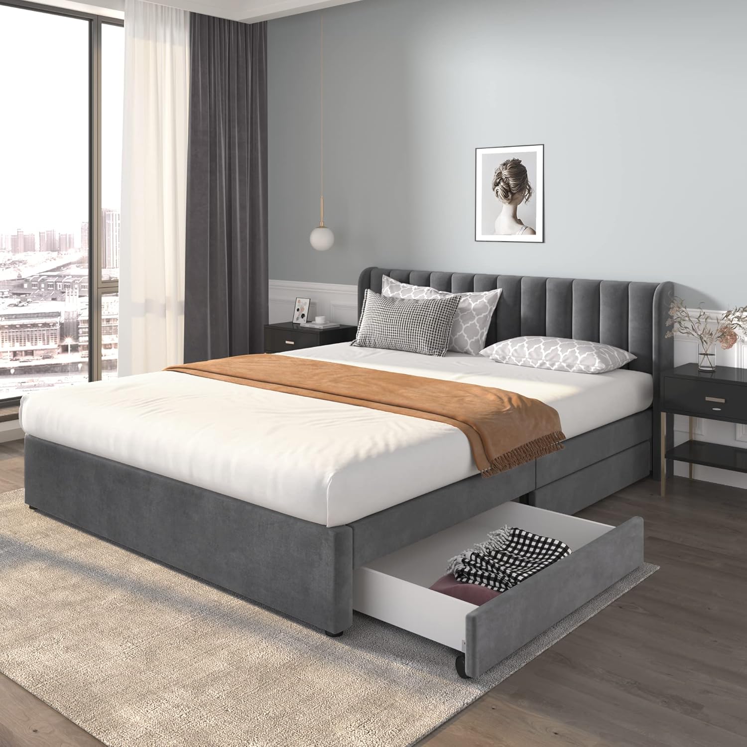 Polsterbett Doppelbett 180x200 cm, Bett mit 2 Stauraum Schubladen und Lattenrost aus Holz, Stauraumbett Bettgestell mit Metallrahmen, Samt, Grau (Ohne Matratze)