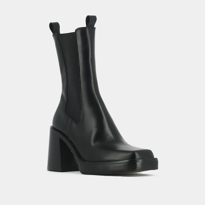 Bottines à talons, bouts carrés et élastiques  en cuir noir