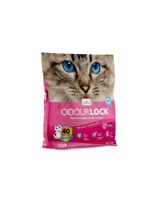 Intersand - 3 x Odour Lock kattegrus 6 kg med baby pudder - totalt 18 kg og en grus ske