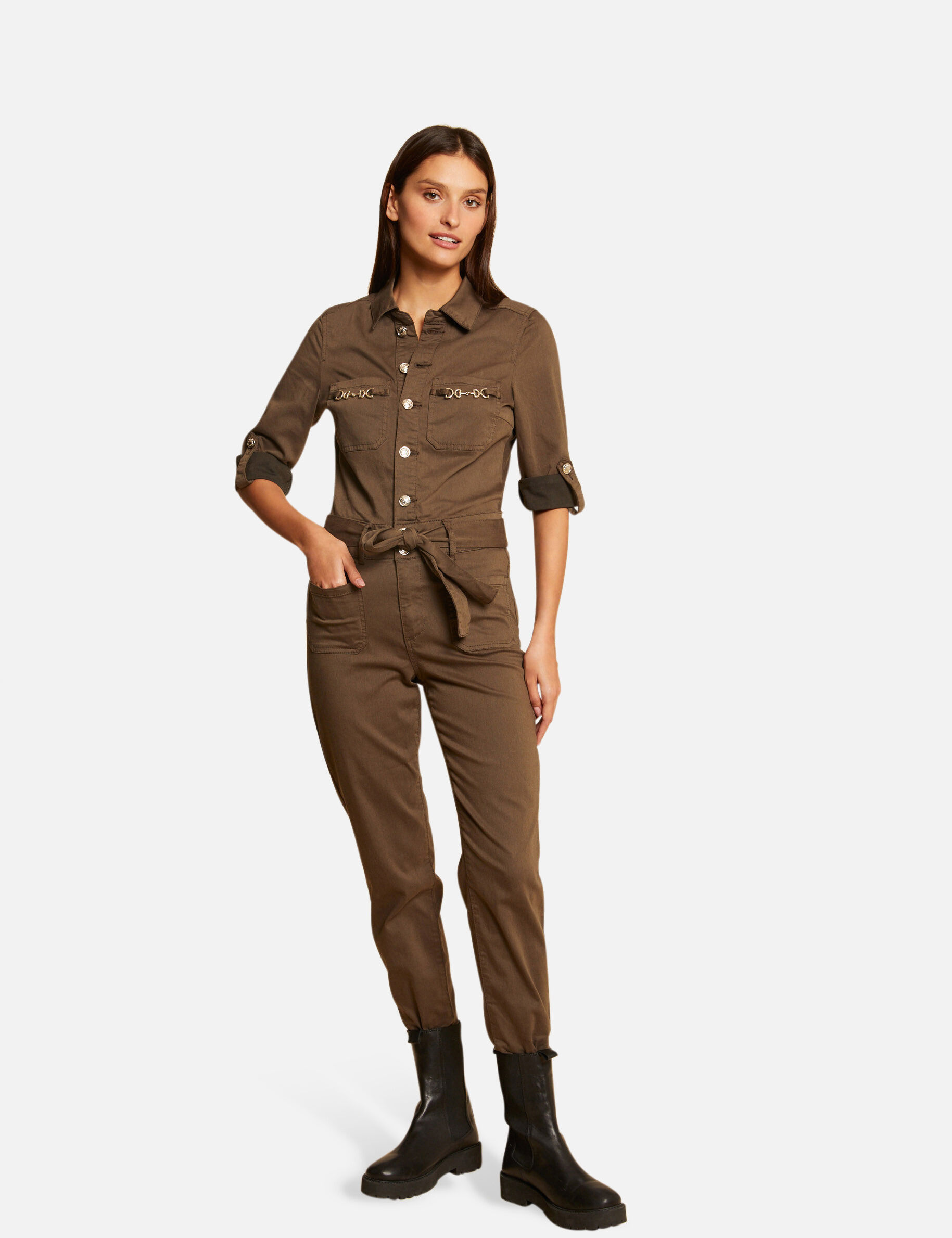 Combinaison droite ceinturée vert kaki femme - vert_kaki