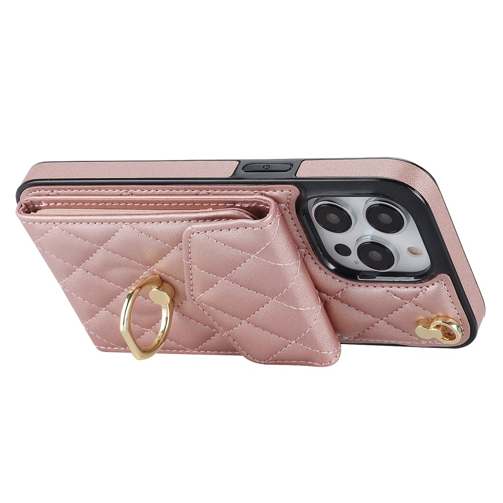 iPhone 15 Pro Necklace Leder Hülle mit Kartenfächer   Finger Griff Halterung   Handykette (RFID Schutz) - Roségold
