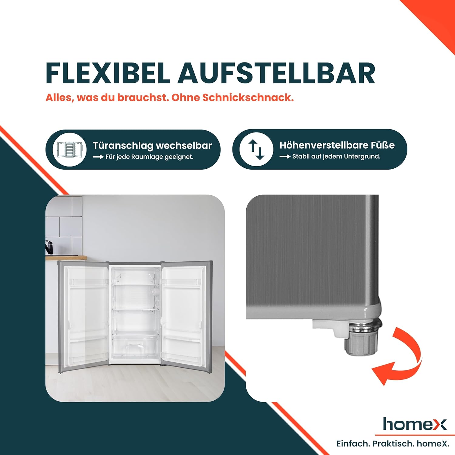 homeX Kühlschrank ohne Gefrierfach, Vollraumkühlschrank klein - 88L Nutzinhalt, freistehend und kompakt, Tischkühlschrank leise 39 dB, Fridge mit LED-Innenbeleuchtung und Temperaturregelung, silber