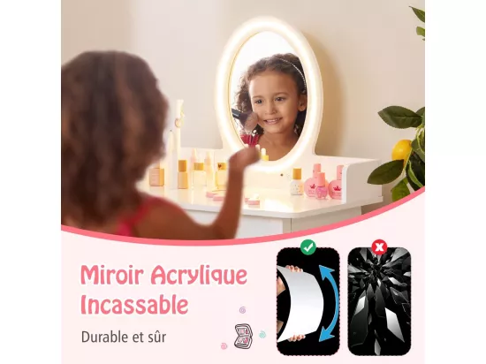 2 en 1 Coiffeuse Enfants avec Tabouret & Miroir Amovible, Table de Maquillage avec Tiroir & Organisateur en Forme Arbre, Dispositif Anti-basculement, Charge 50kg pour Enfants de 3-8 Ans