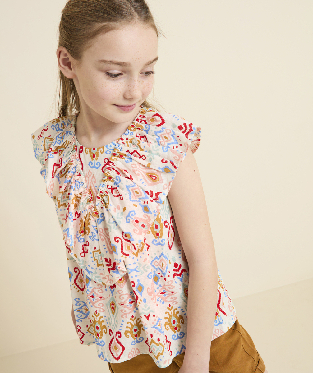 blouse manches courtes fille écrue imprimé géométriques et volants