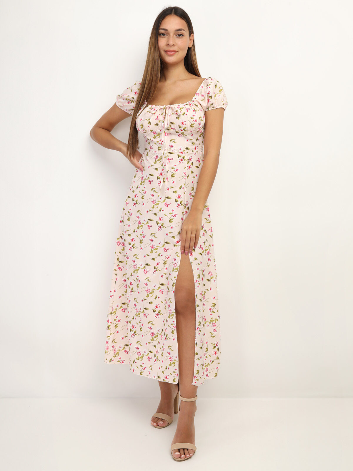 Robe corset à imprimé fleurs- Beige