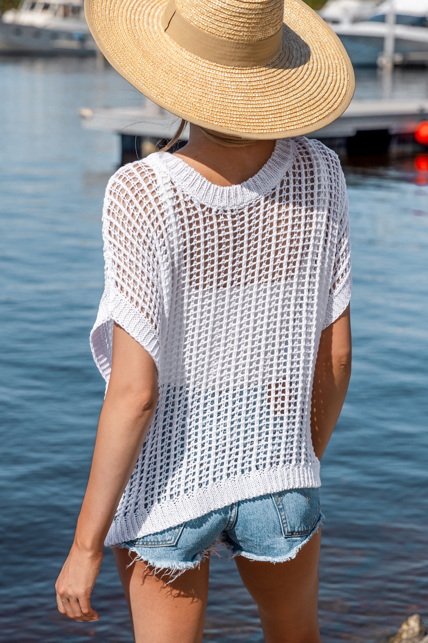 Haut cover up en tricot à col rond et manches courtes blanche