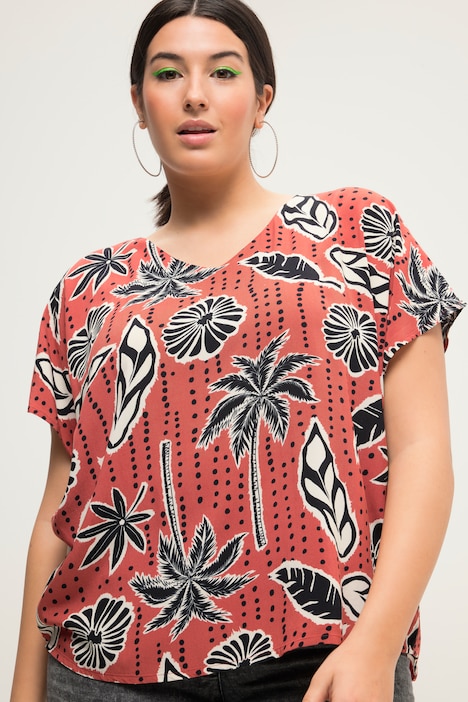 Blusenshirt, oversized, Palmen Print, V-Ausschnitt