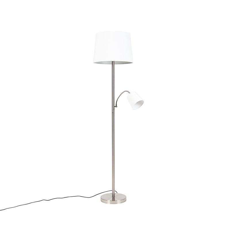 Klassieke vloerlamp staal met witte kap en leeslampje - Retro
