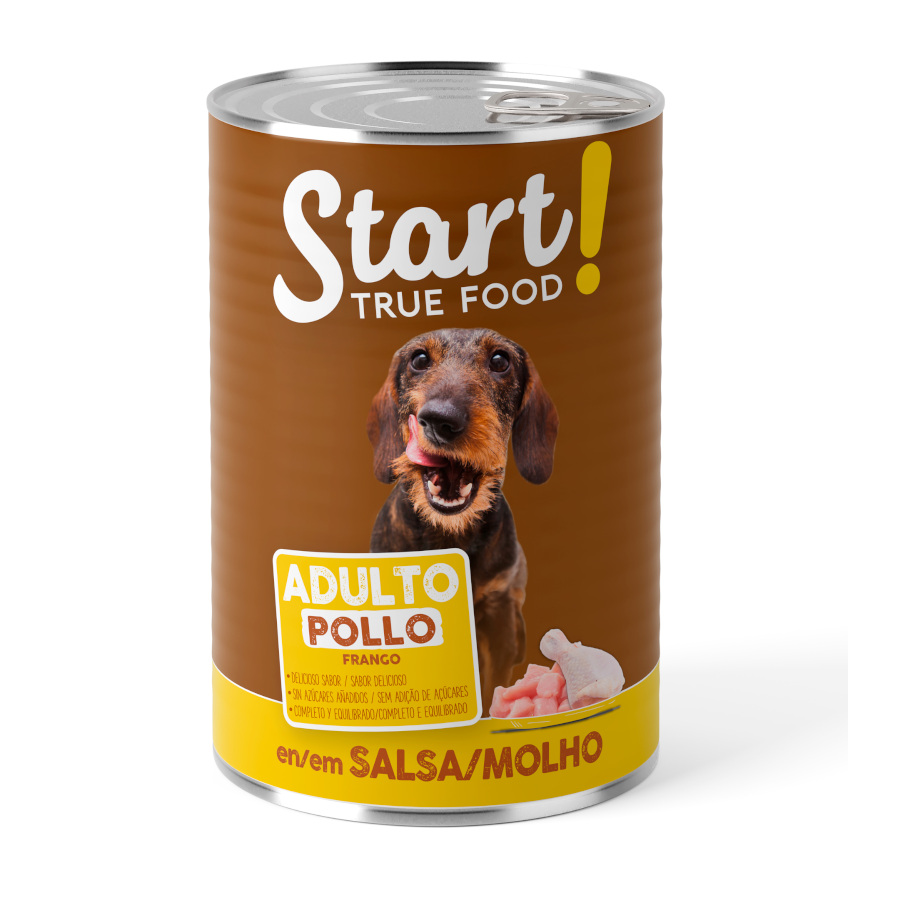 Start! Ração enlatada para cães adultos com frango, carne bovina e cordeiro ao molho – Pacote múltiplo