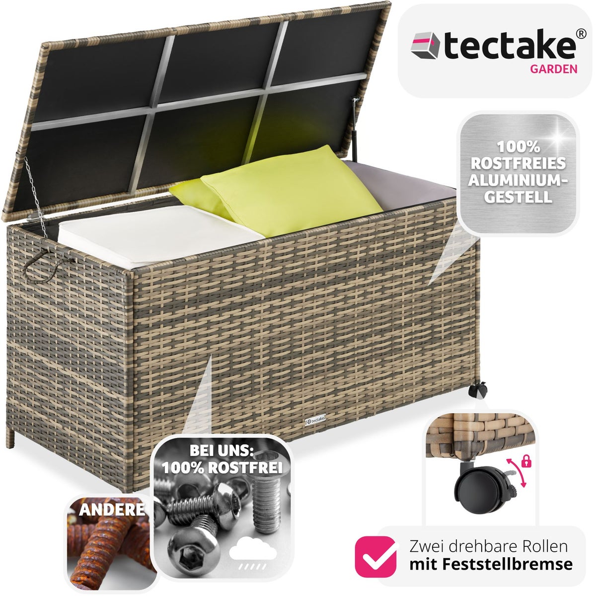 tectake Kuusamo opbergdoos met aluminium frame en rotan vlechtwerk, 117 x 54 x 64 cm