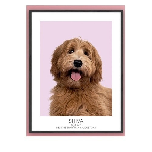 Retrato realista personalizado da MascoZoom com moldura de madeira preta.