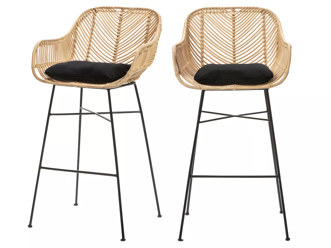 Nunuhai - Lot de 2 tabourets de bar en rotin H68cm - Naturel