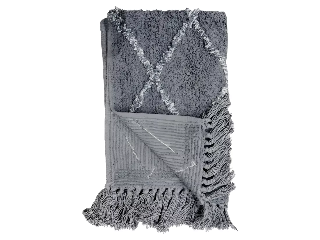 Tapis de bain 50 x 90 cm coton gris style berbère à franges - FLUFFY