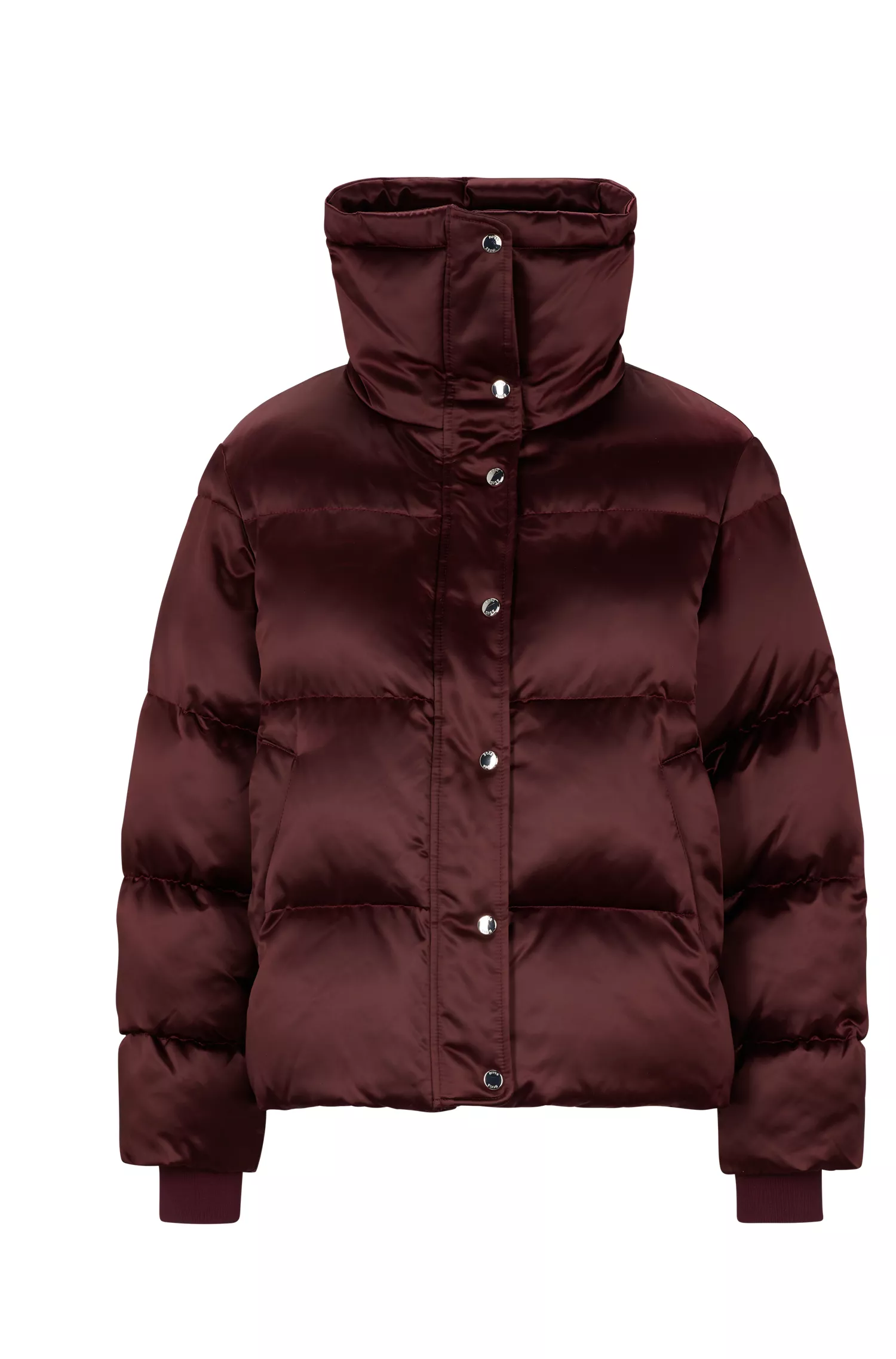 Jaqueta puffer BOSS preta, corte regular, com gola alta.