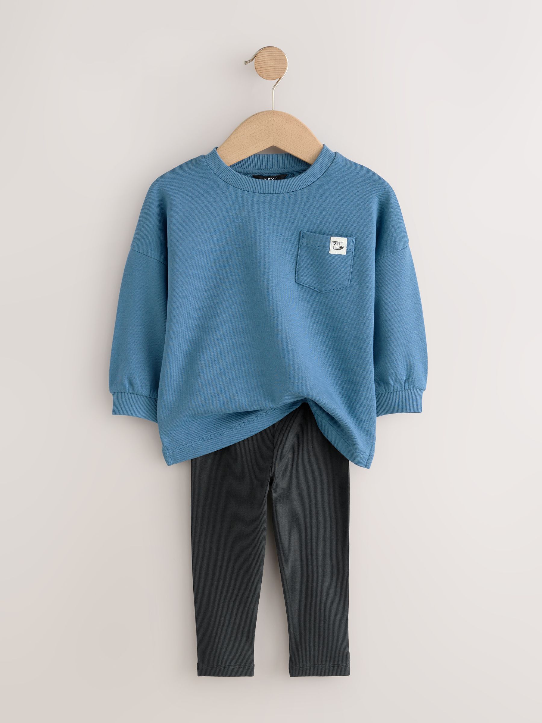Blauw/pastelgeel/groen - Set van 3 lange mouwen top en legging (3mnd -7jr)