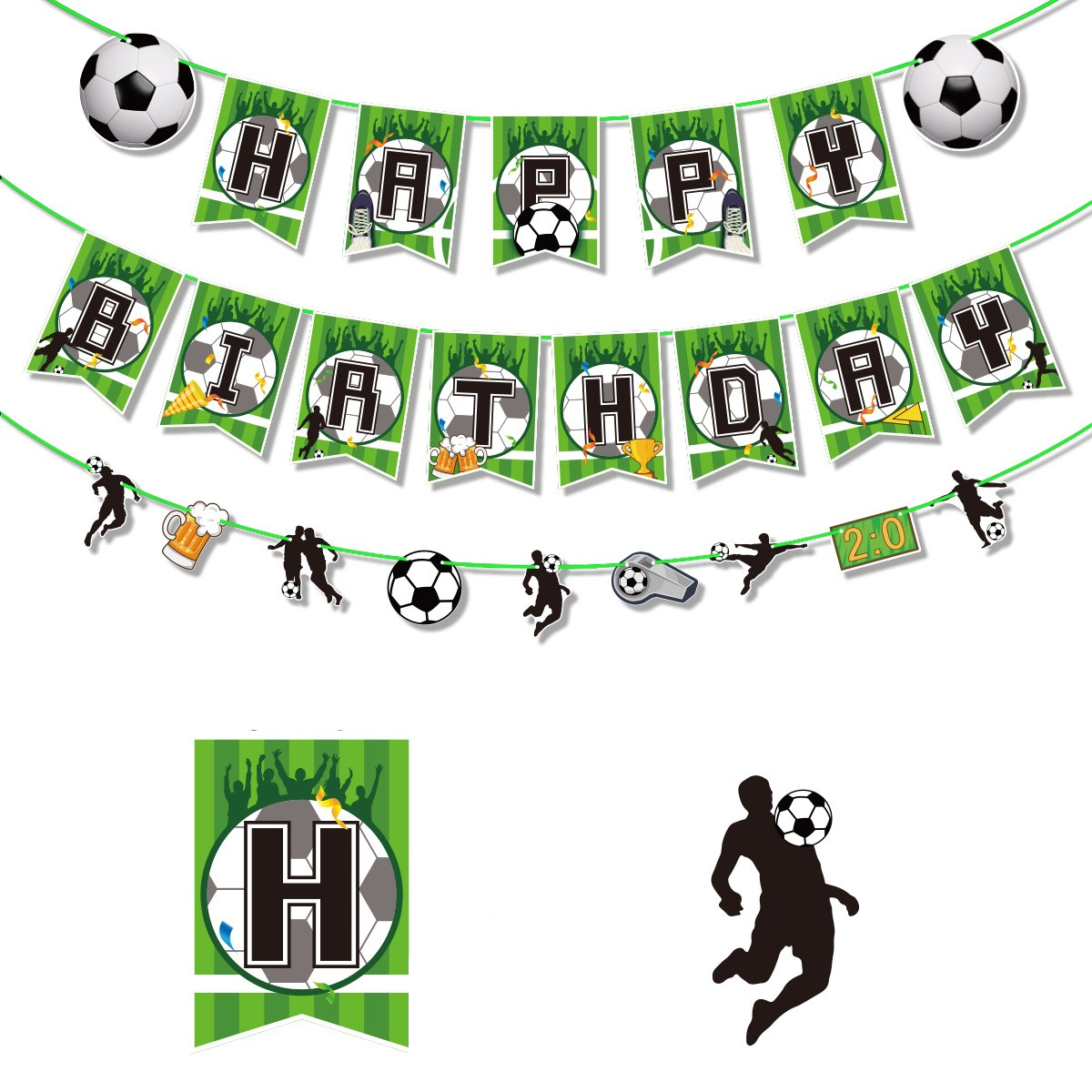 (103-tlg. Set) Happy Birthday Girlande Fussball Party Dekoration   Latex- und Folienballons / Kuchenstecker - Grün / Weiss