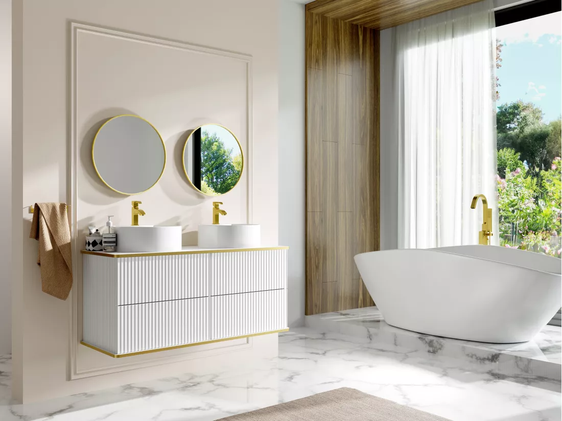 Meuble de salle de bain suspendu strié liseré doré avec double vasque à poser ronde - Blanc - 120 cm - KELIZA