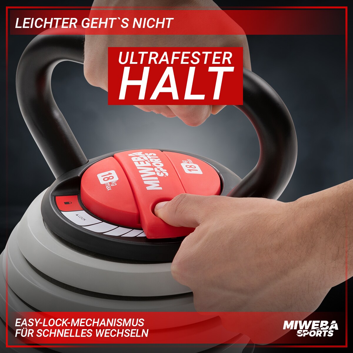 Miweba Sports Kettlebell KB300, verstellbar, 3,4-18 kg, 6 Gewichtscheiben, Easy-Lock-Mechanismus