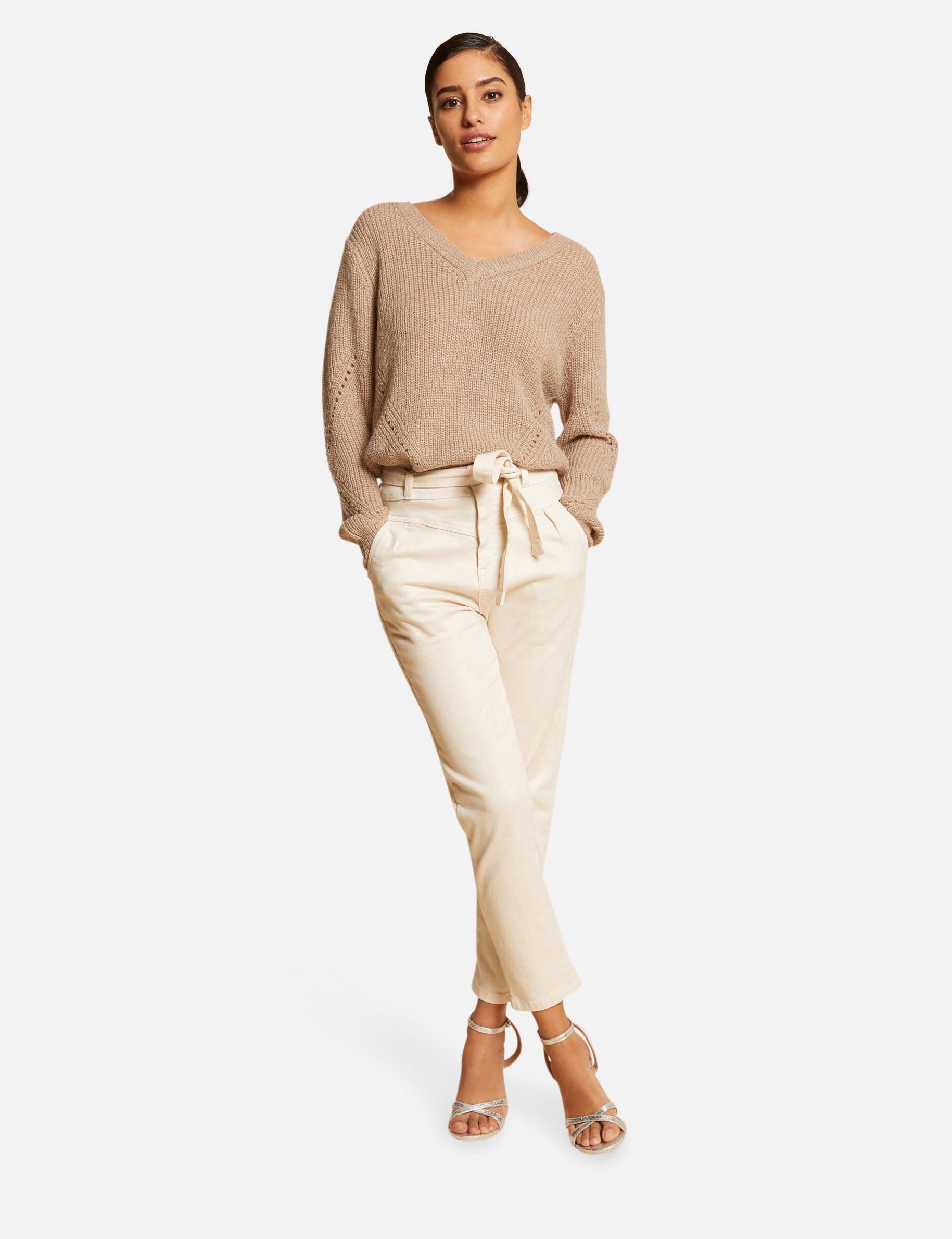 Pull manches longues à col en V taupe femme - taupe