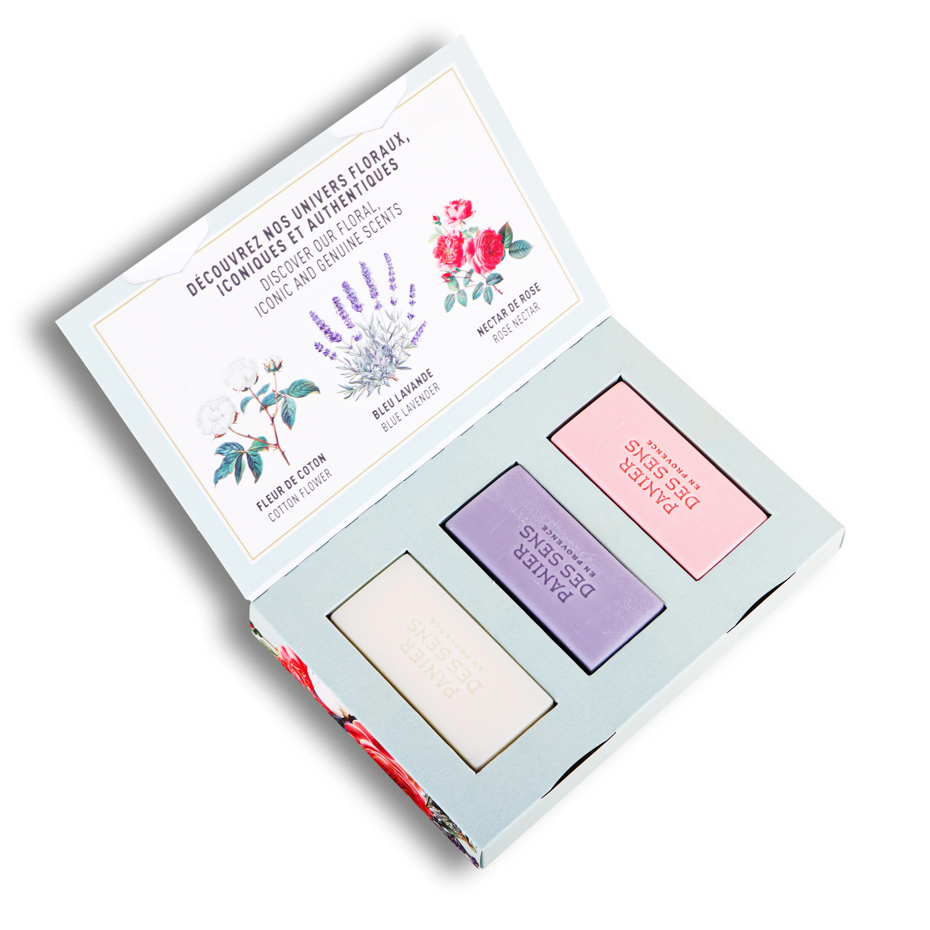 Coffret cadeau 3 savons solides parfumés - Coton, Lavande, Nectar de Rose |