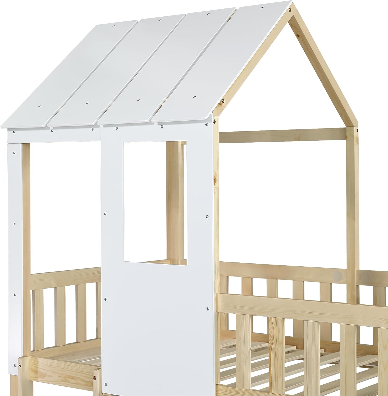 Moimhear Etagenbett mit rechtwinkliger Leiter und Rutsche, Hausbett mit Dach und Fenster, Kinderbett mit Fallschutz und Gitter, Rahmen aus Kiefer, Natur+Weiß (90x200cm)