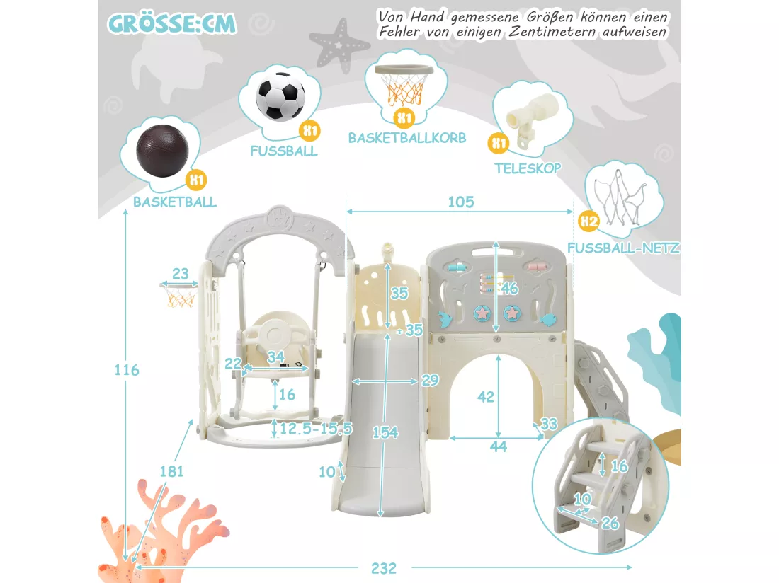Ensemble balançoire de jeux pour enfants 10 en 1 - 232 x 181 x 116cm - en matériel HDPE - avec toboggan - Gris