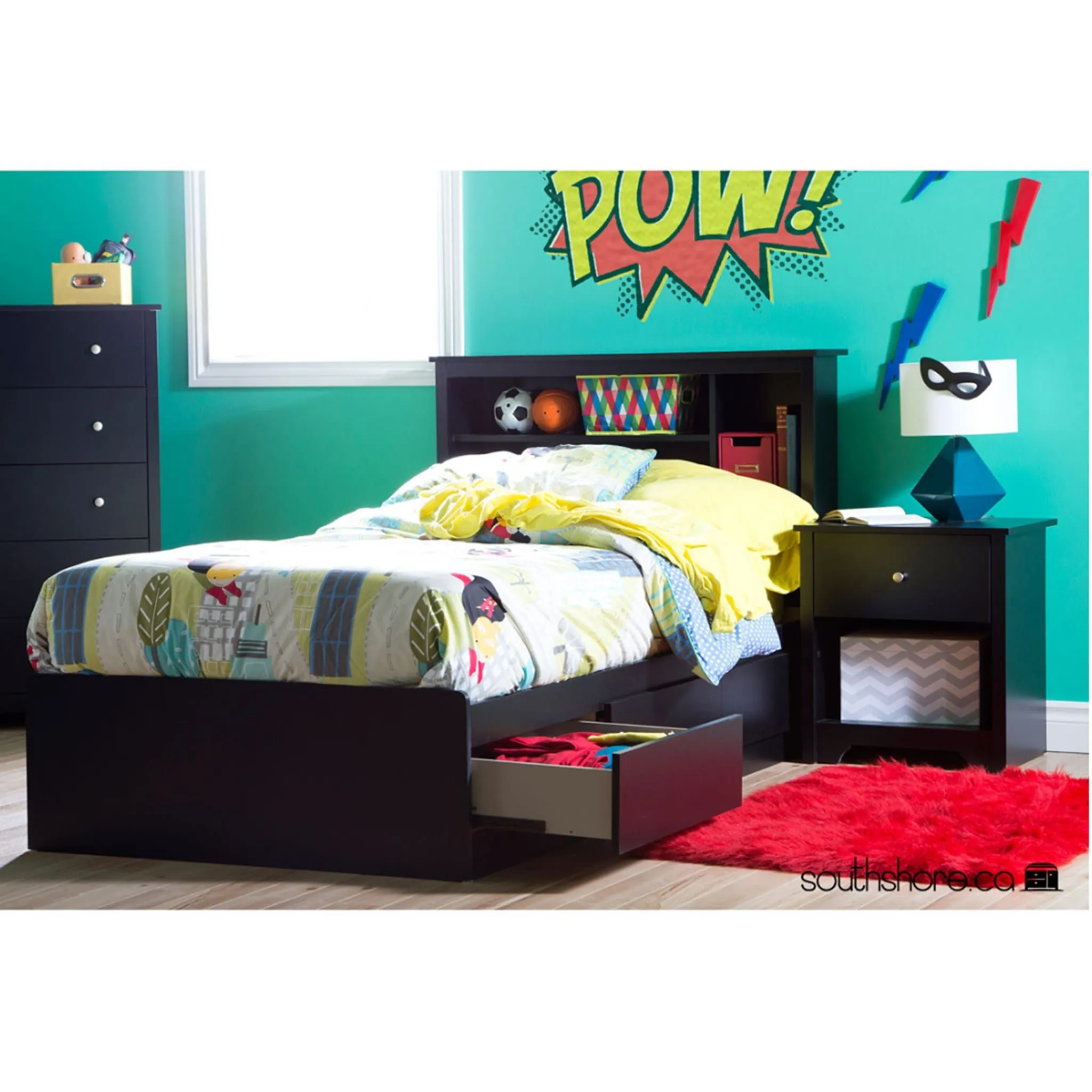 South Shore Lit Matelot Simple 3 Tiroirs Vito - Noir Solide