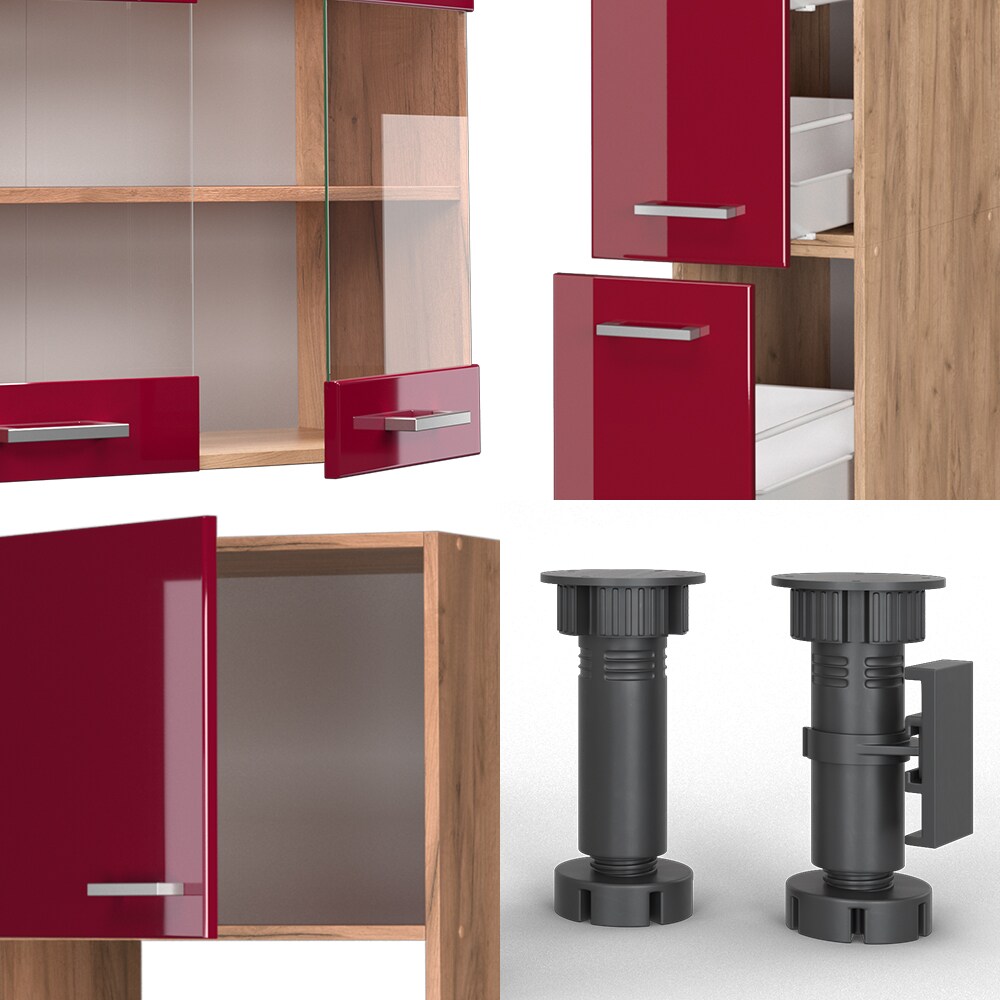 Vicco Küchenzeile Küchenblock Einbauküche R-Line 350 cm Eiche Bordeaux Hochglanz Küche