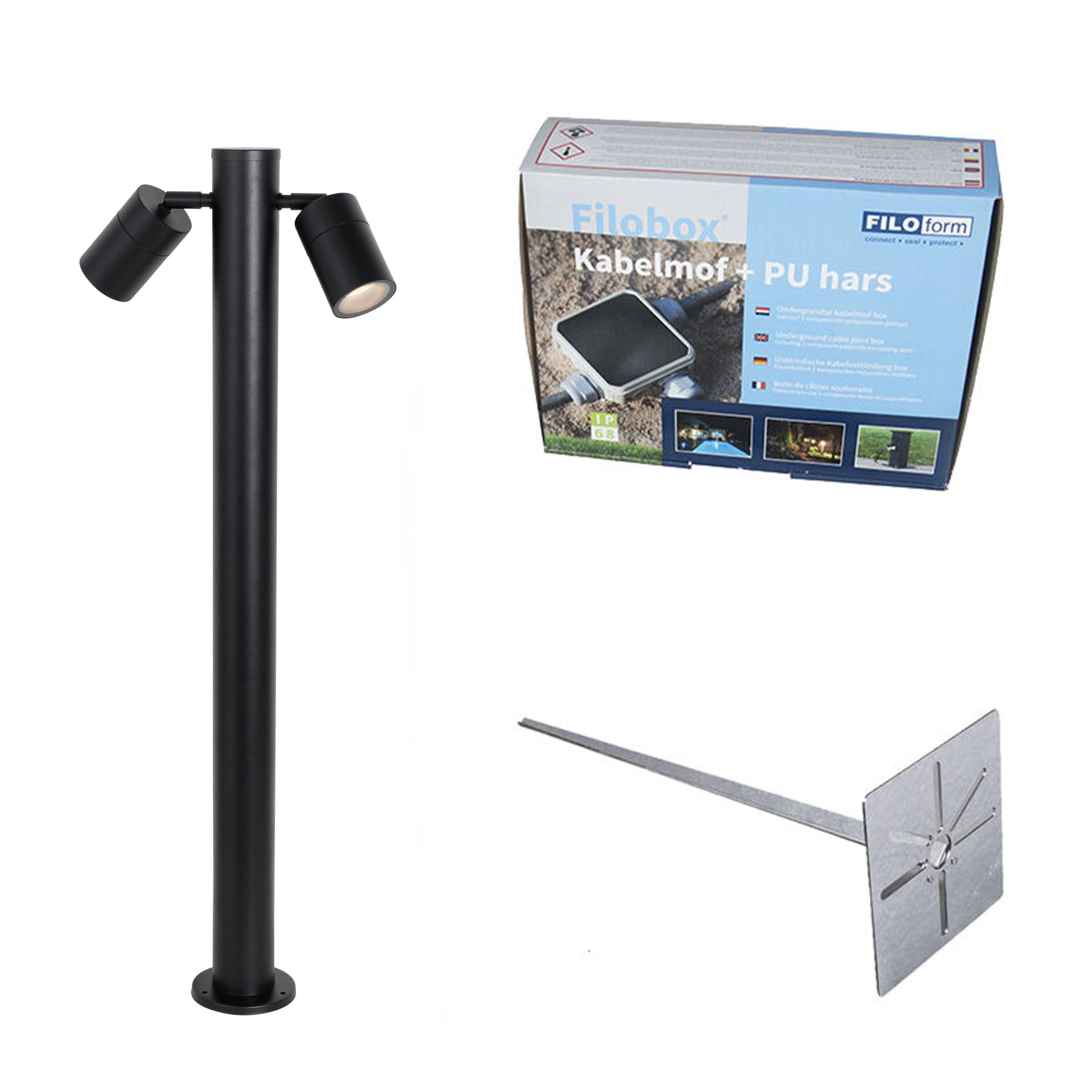 Buitenlamp zwart met grondpin en kabelmof 80cm 2-lichts IP44 - Duo