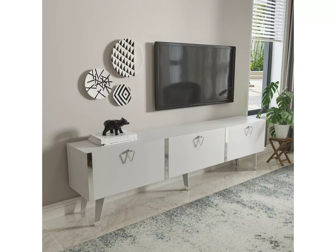 Meuble TV Milagro 180 cm Armoires Abattants Design Chic à 5 Pieds (Blanc et Argent)