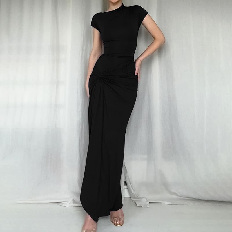 Leandrillo - Maxi-jurk met korte mouwen, asymmetrische hals, effen knoop, gerimpelde split en split