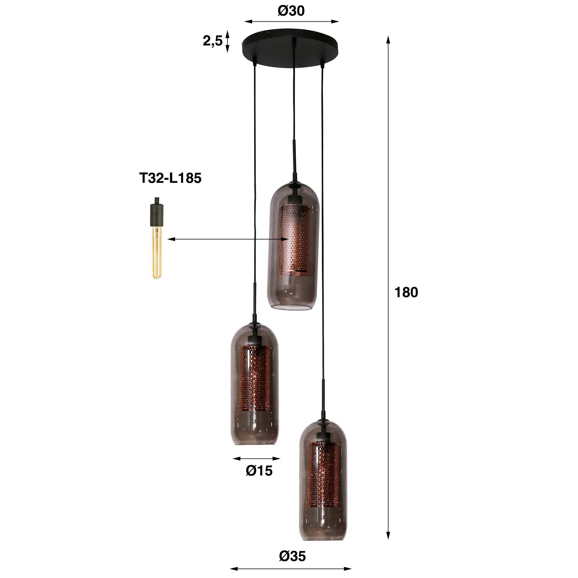 by fonQ  Dolf Hanglamp 3-lichts - Gerookt Glas