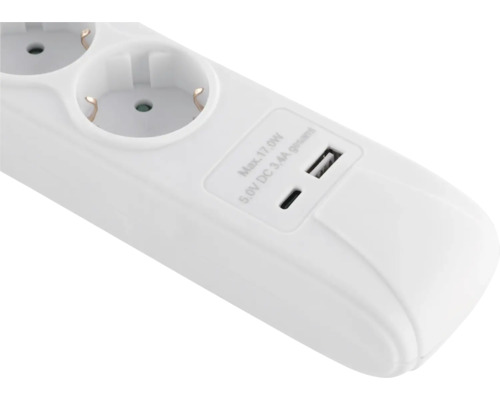 3-voudige stekkerdoos met 2x USB A + C, wit, 1,5 m
