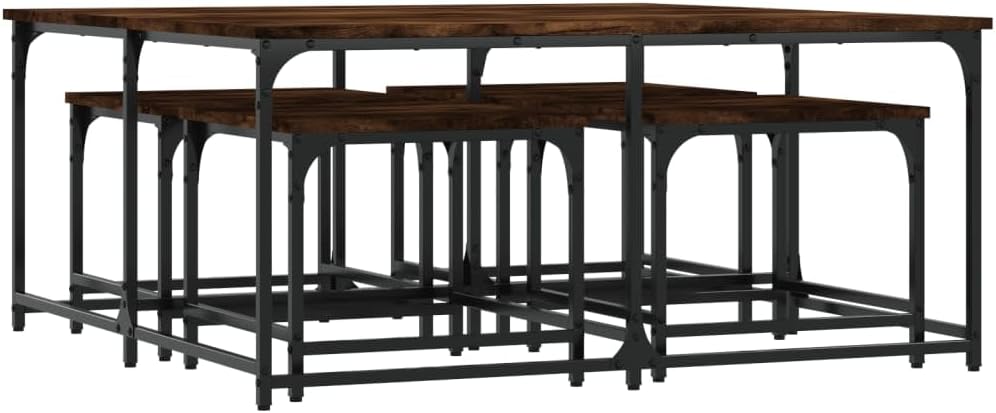5-Piece Nesting Coffee Table Set, Smoked Oak Engineered Wood, Industrial Design, Space Saving Living Room Tables, Versatile Center Table for Small Apartments, Bedroom, Office Use