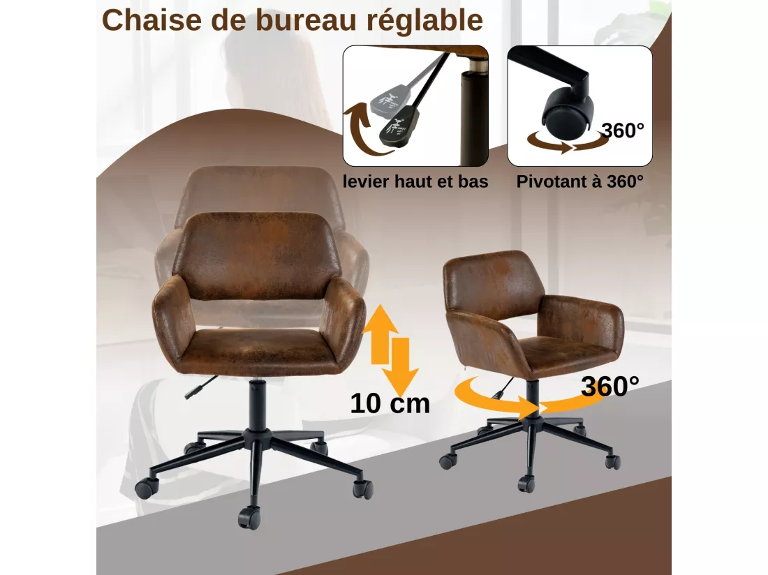 Chaise de bureau rétro-daim-hauteur réglable-avec roulettes-convient au coin bureau, chambre à coucher-marron