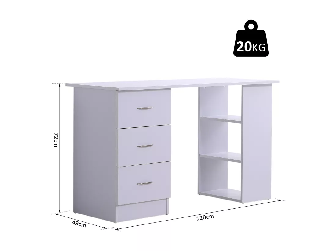 Bureau informatique table multi-fonctions 3 tiroirs 2 étagères dim. 120L x 49l x 72H cm MDF blanc