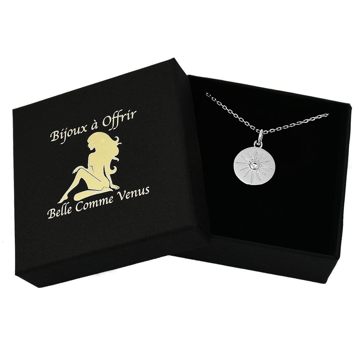 Collier médaille soleil oxyde de zirconium Argent 925 Rhodié