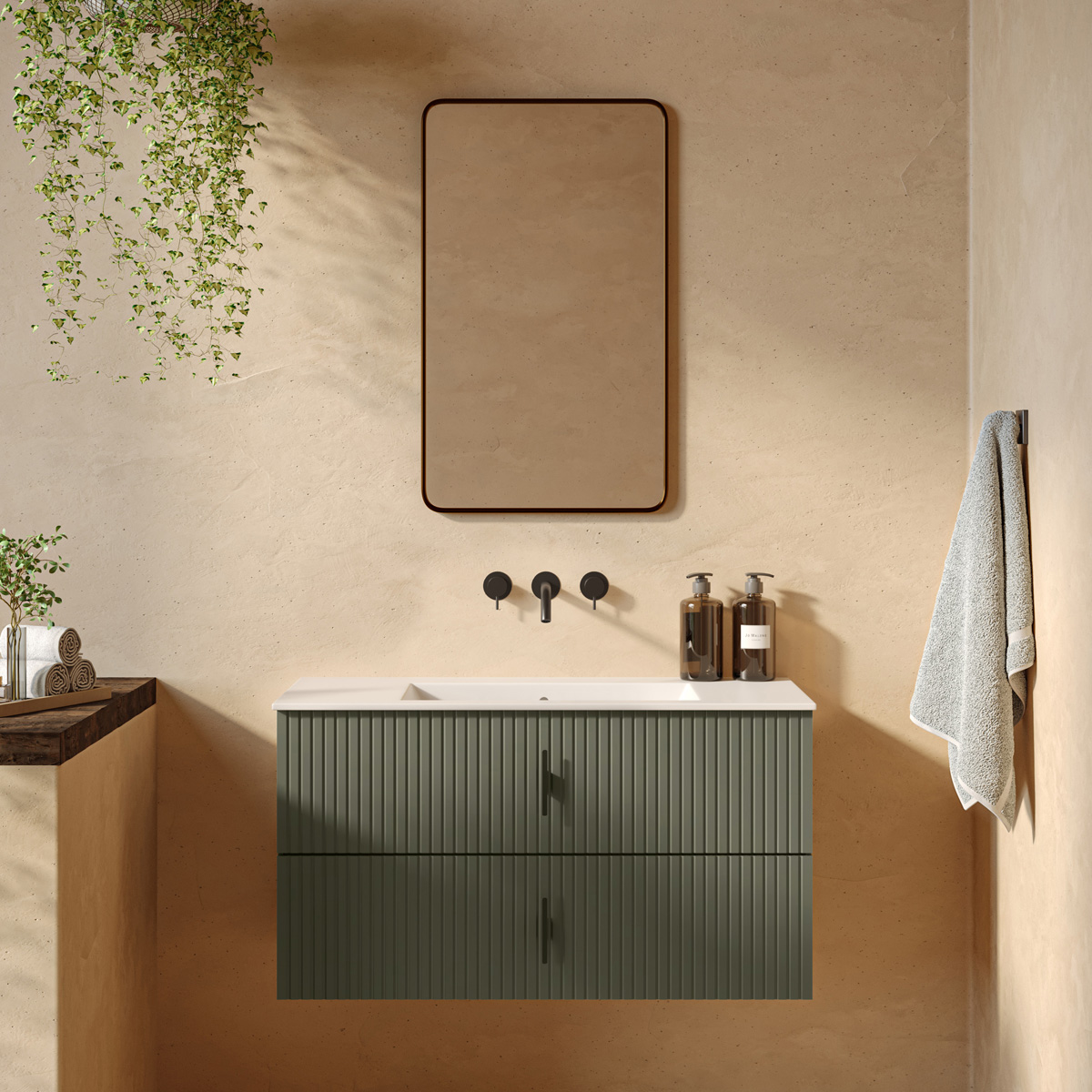 Muebles Raya onderkast ribbelfront 100cm met 2 softclose lades legergroen