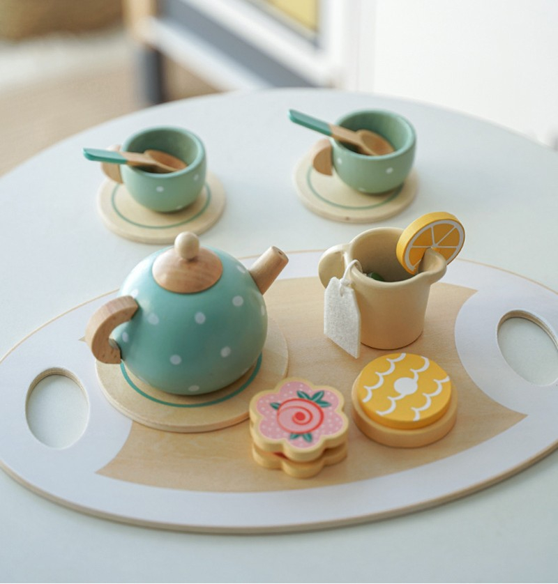 (14-tlg. Set) Holz Teeservice Kinder Spielzeug Küchen Zubehör Tea Time Spielset inkl. Teekanne / Tassen - Blau