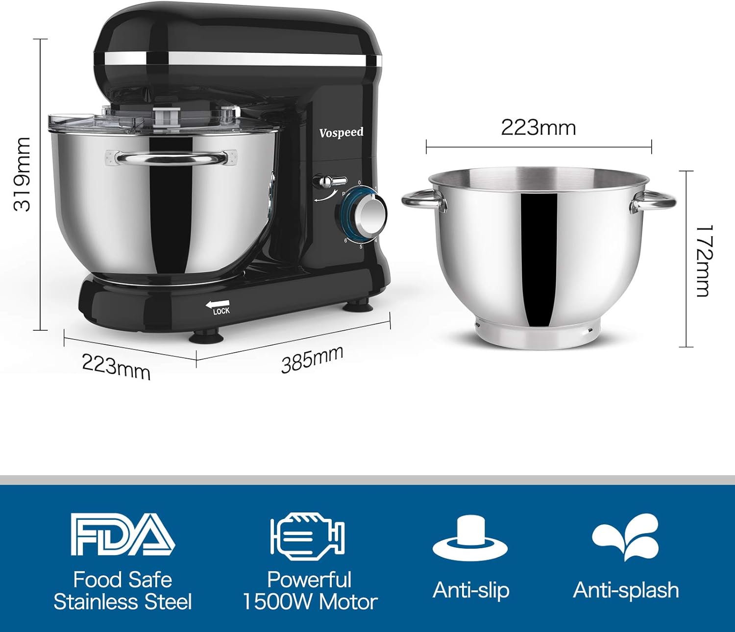 Vospeed Robot Patissier 1500W, 6QT Gateau Mélangeur lectrique Cuisine Avec Acier Inoxydable Bowl, Batteur, Crochet Pétrisseur, Fouet Pourcuisson, Lave-vaisselle (Noir)