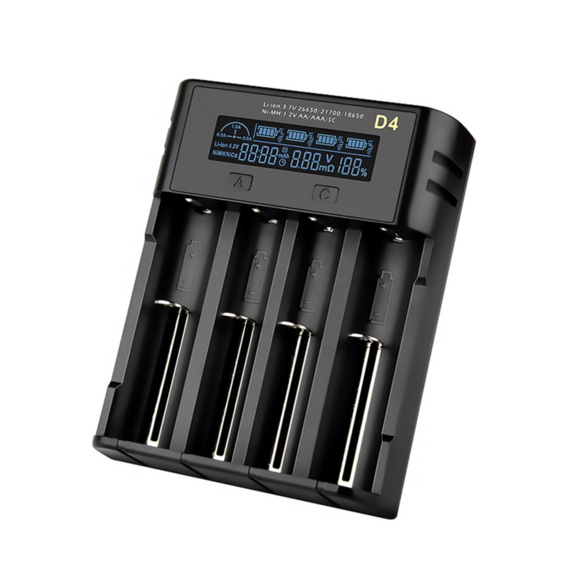 4-fach USB Batterieladegerät Akkuladegerät mit LCD Display für Li-Ion-Akkus AA / AAA / 18650 - Schwarz